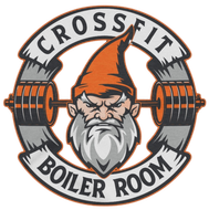 CrossFit logo: Angry gnome with barbell, orange hat, silver beard, and "CrossFit Boiler Room" text.