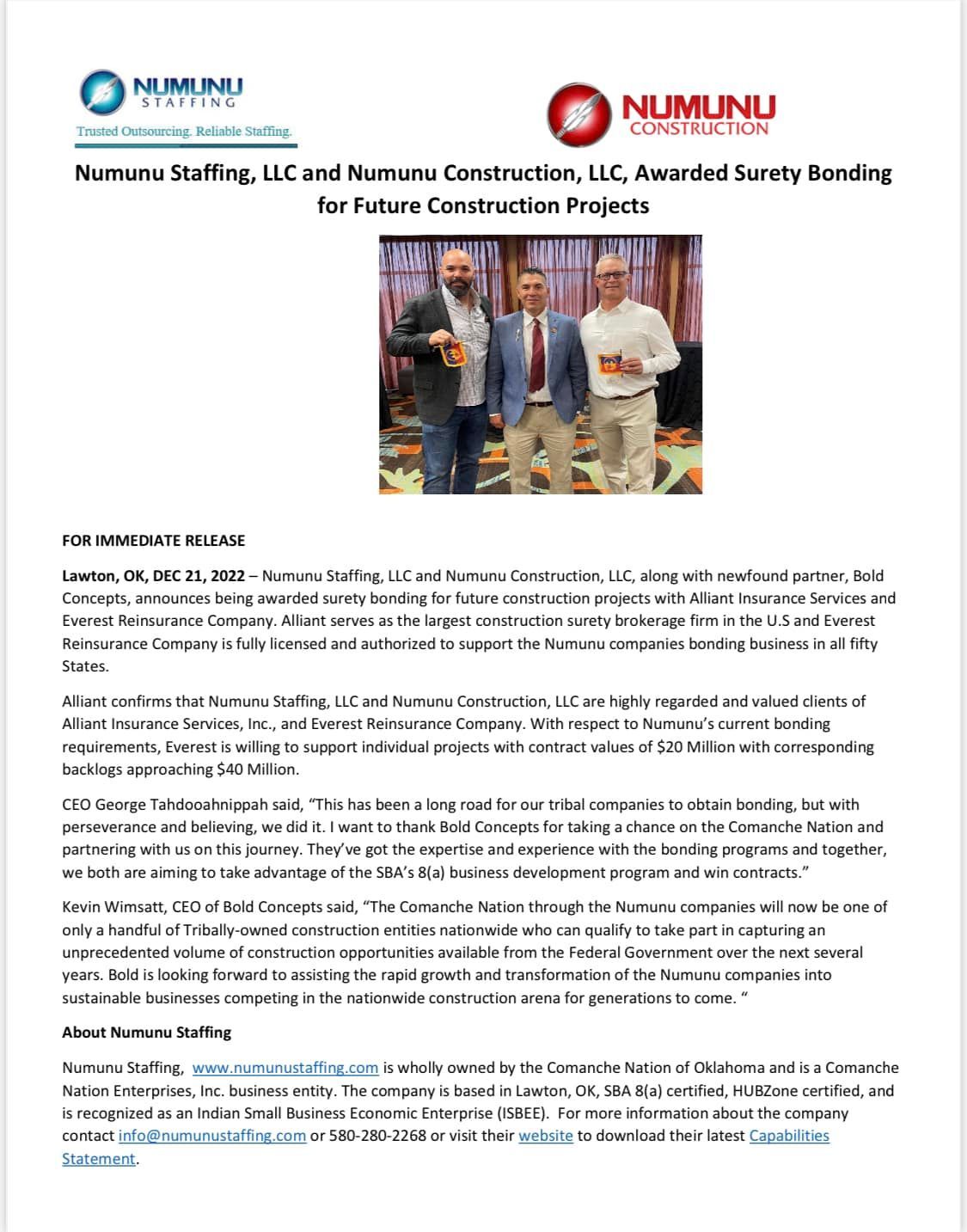 Press Release – Numunu Staffing Recieves