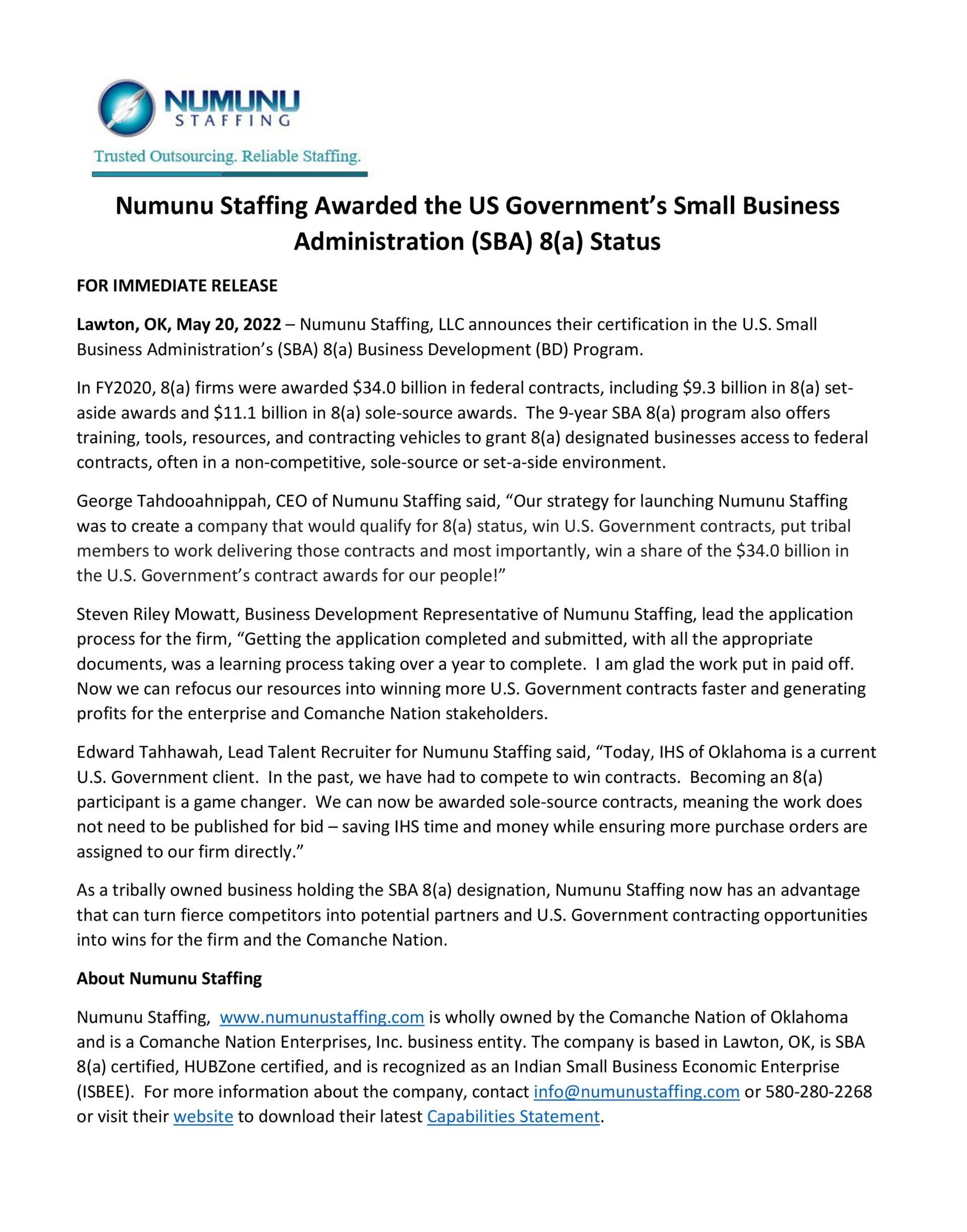 Small Business Administration (SBA) Press Release