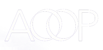 AOOP logo with two overlapping circles, white text on a white background.