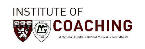 Institute of Coaching logo with Harvard symbols. Dark red