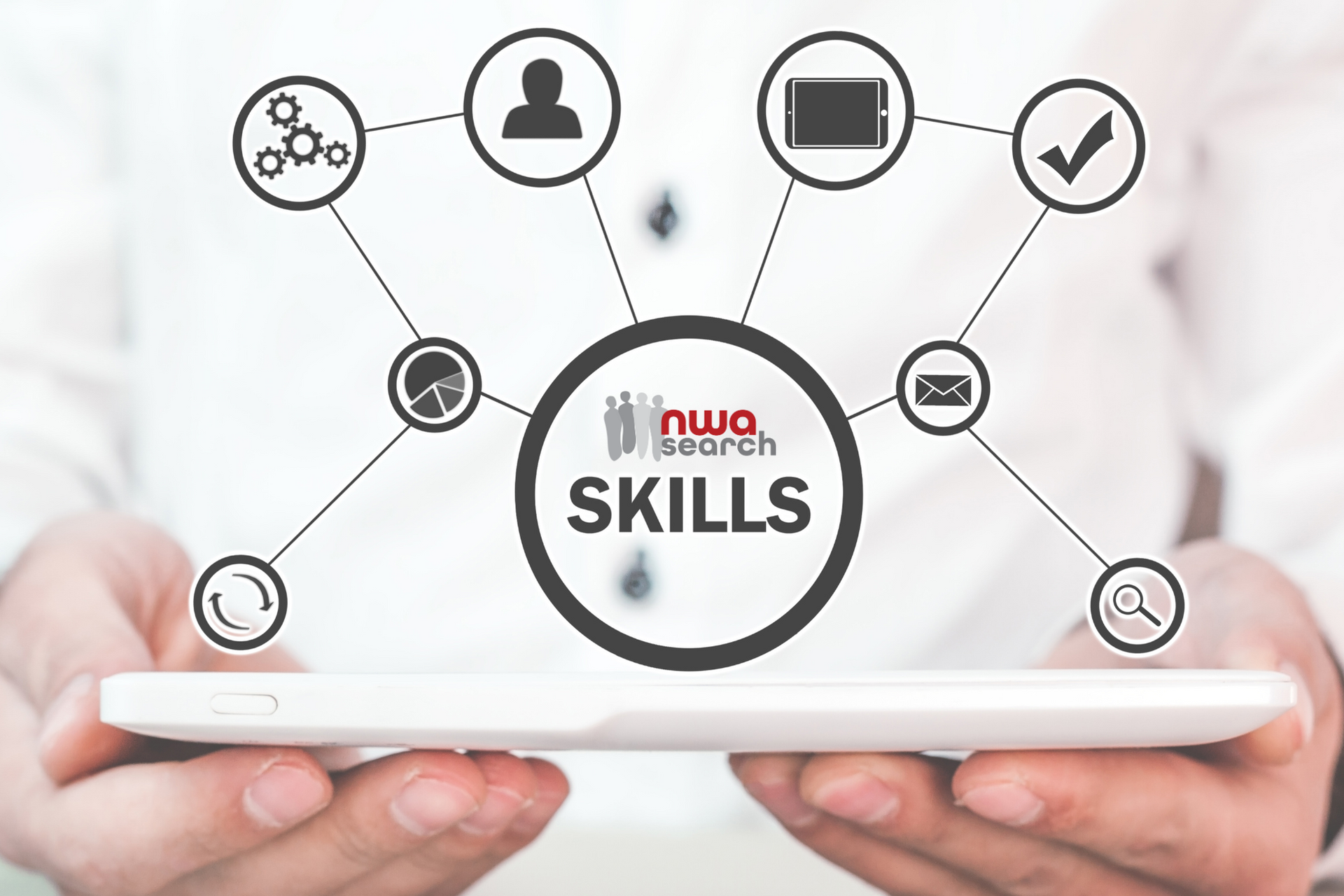 A person is holding a tablet with a diagram of skills on it.