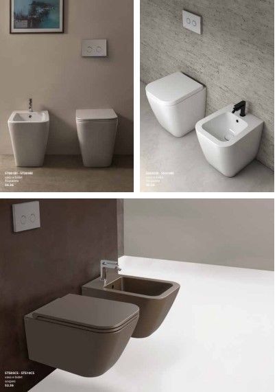 Un collage di immagini di water e bidet in un bagno