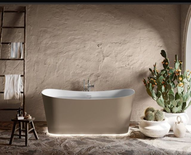 Un bagno con vasca e pianta in vaso.
