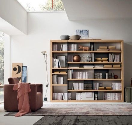 Un soggiorno con una grande libreria piena di libri