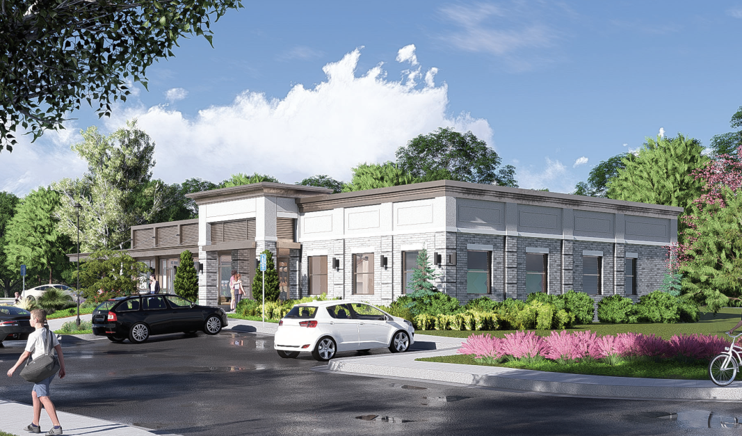 A rendering of a building with cars parked in front of it.