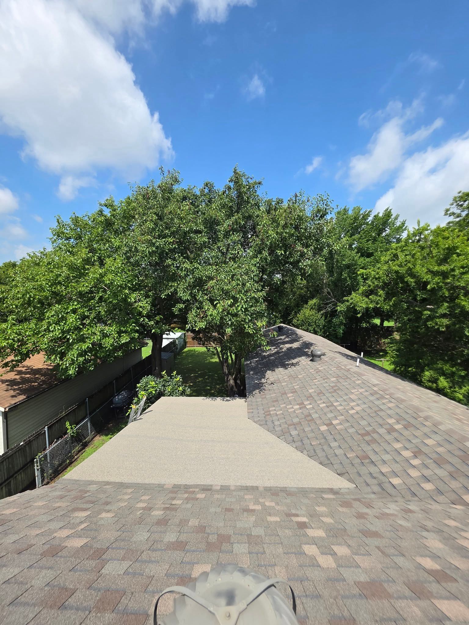 Brick rooftop terrace with a tree and blue sky overhead