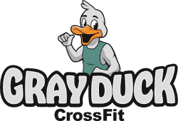 GRAY DUCK CrossFit logo with a cartoon gray duck in a green tank top and orange beak