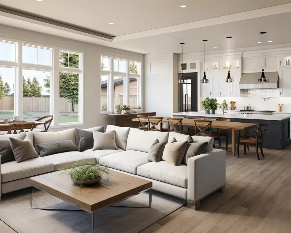 Bright open-plan kitchen and living room with gray tufted sofa, white cabinets, and blue accent walls