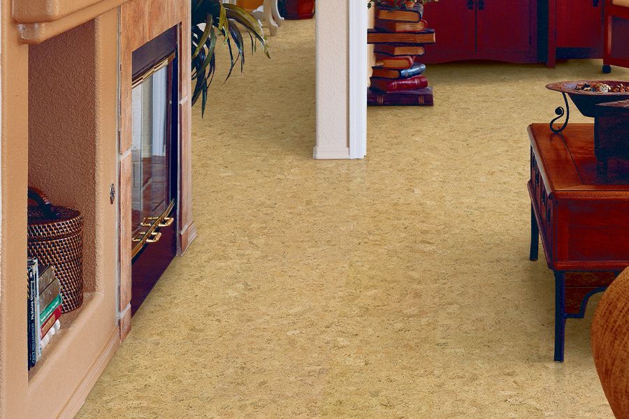 Carpeted hallway with built-in shelves, a potted plant, and a small wooden table.
