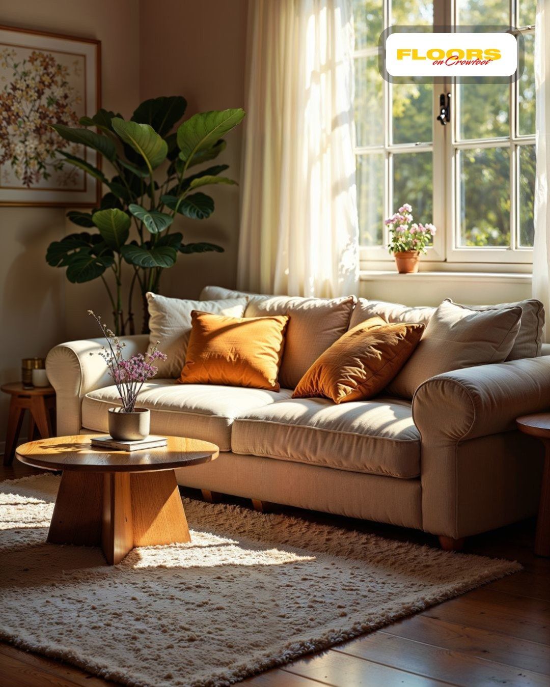 Bright living room with gray sofas, patterned chairs, blue rug, and white staircase with wood handrail