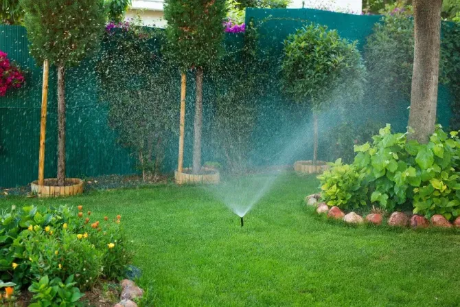 Automatic lawn sprinkler system watering a healthy green backyard.
