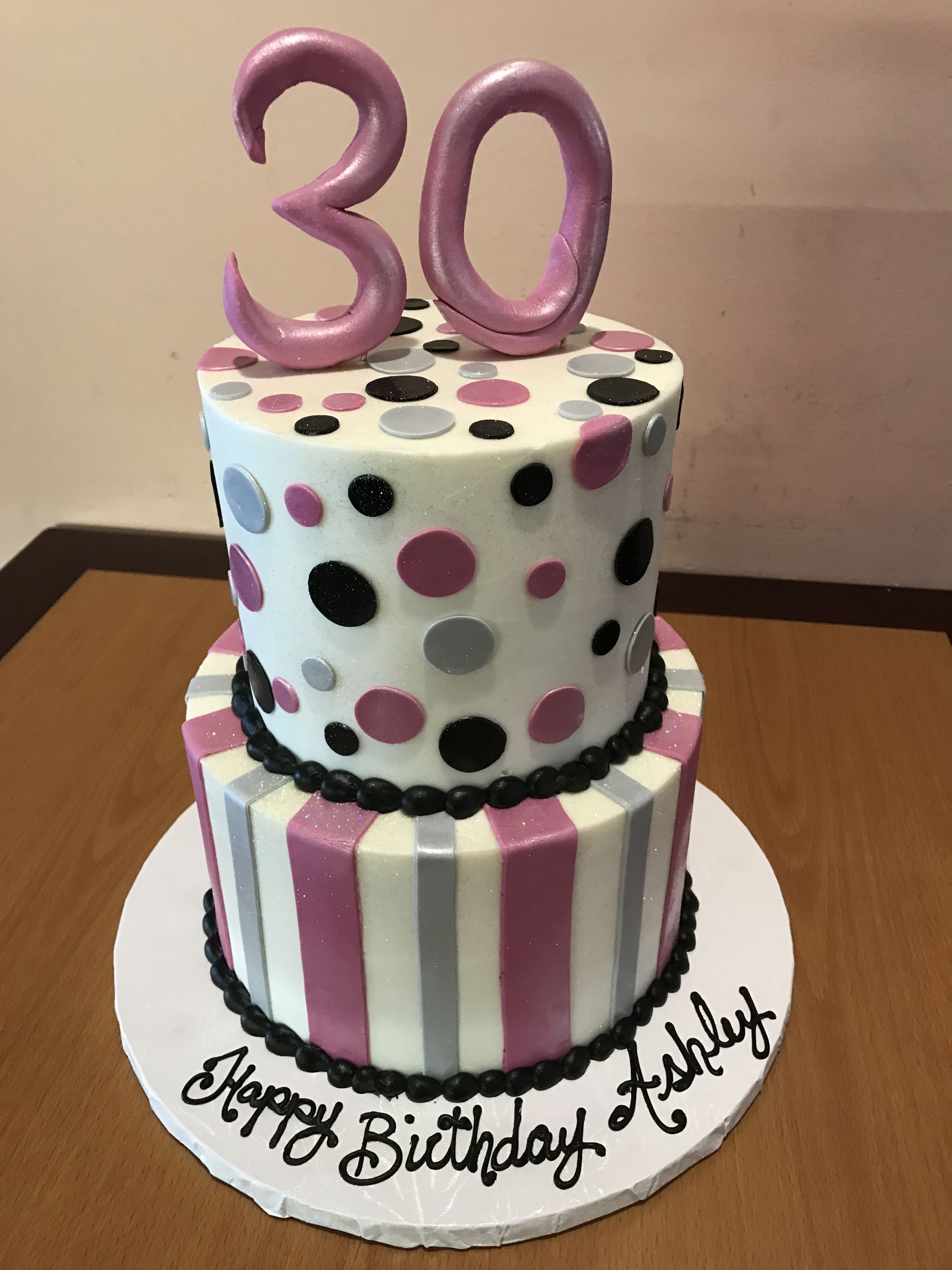 a pink and white birthday cake with the number 30 on top
