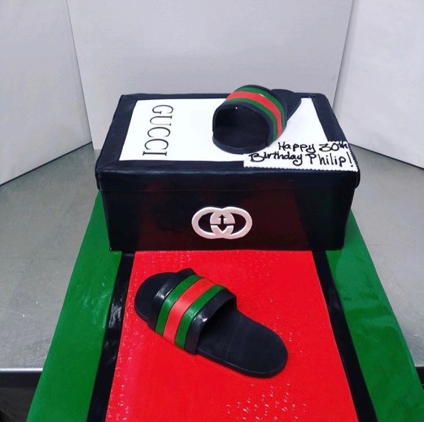 a gucci box with a pair of sandals on top of it