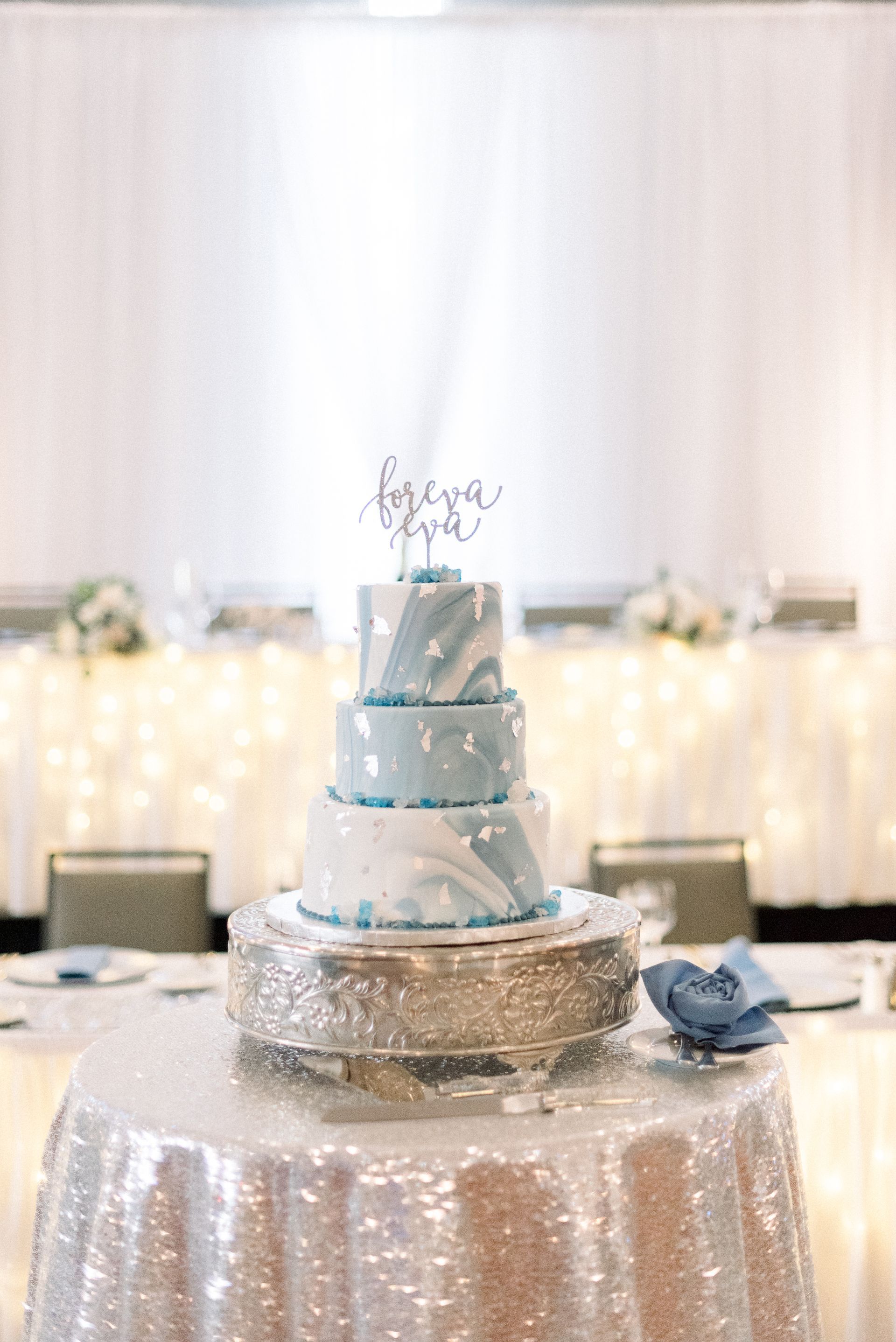 a wedding cake is sitting on top of a table .