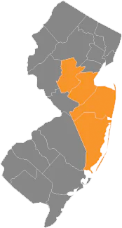 A map of new jersey with the state highlighted in orange.