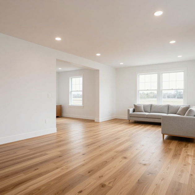 Bright empty living room with hardwood floors, white walls, recessed lights, and a gray sofa by sunlit windows