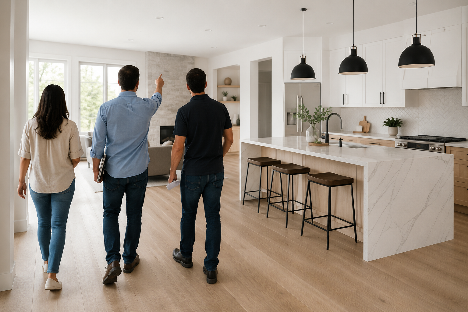 Three people touring a bright modern kitchen with a marble island and pendant lights