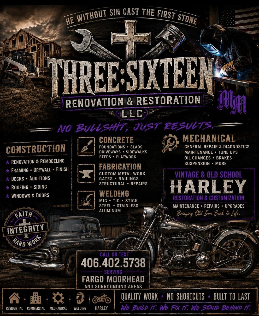 Three Sixteen Renovation & Restoration services poster with construction icons and vintage motorcycles