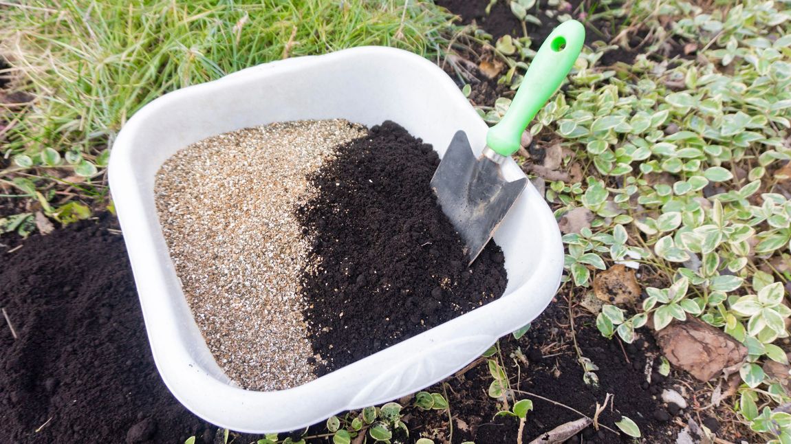 Una ciotola di plastica bianca contiene un miscuglio di materiale color beige chiaro e terriccio scuro, con all'interno una piccola paletta con manico verde.