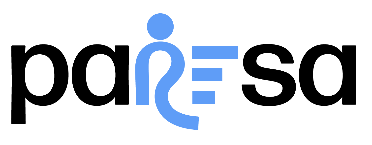 PARESA-logo met een blauw, poppetje dat de letter R vormt en een plaatje wat de letter E vormt.