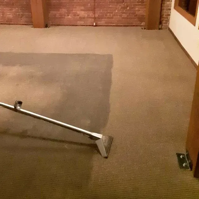 A carpet cleaning wand cleans a rectangular section of tan carpet in a room with a brick wall.