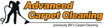 Logo for Advanced Carpet Cleaning, featuring a silhouette of a person using a cleaning wand and orange, bold text.