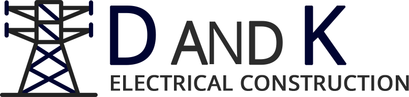 Logo for D and K Electrical Construction featuring a dark blue transmission tower icon next to the text.