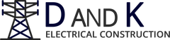 Logo for D and K Electrical Construction featuring a dark blue transmission tower icon next to the text.