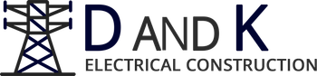 Logo for D and K Electrical Construction featuring a dark blue transmission tower icon next to the text.