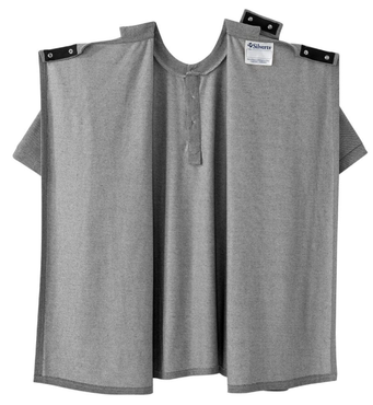 Gray sleeveless vest with black shoulder epaulets and a buttoned front, displayed on a white background