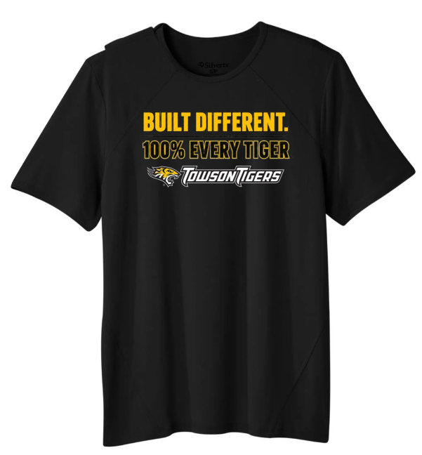 Black T-shirt with yellow and white “Built Different” Towson Tigers graphic on the front