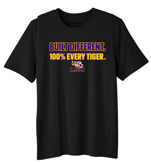 Black T-shirt with purple-and-gold “BUILT DIFFERENT. 100% EVERY TIGER.” text and LSU logo