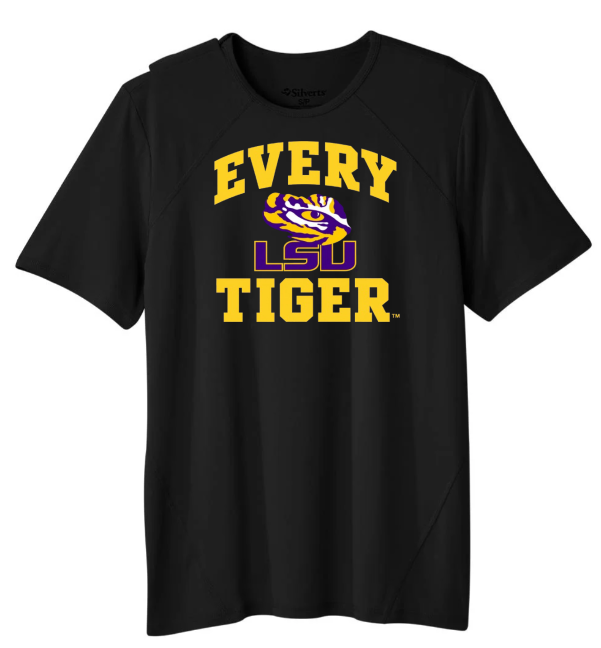 Black T-shirt with yellow “EVERY LSU TIGER” text and purple LSU tiger logo on the front