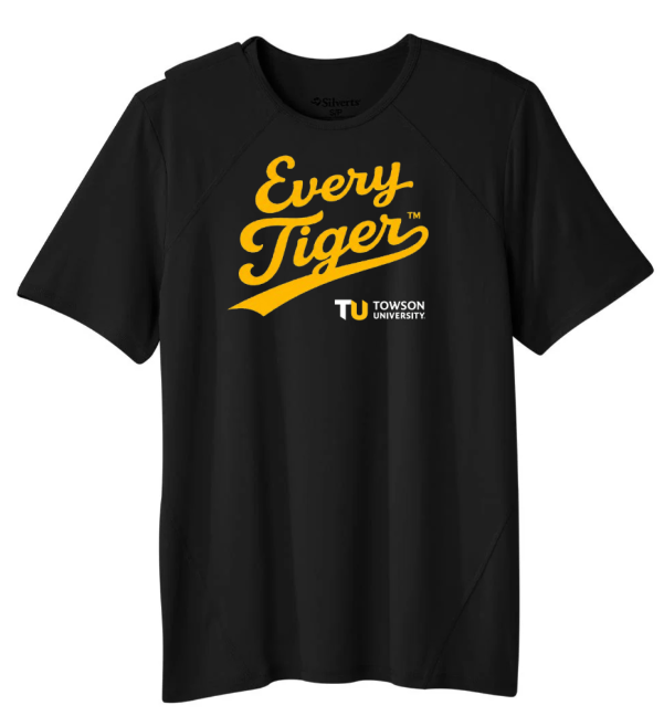 Black T-shirt with “Every Tiger” in yellow and a Texas Christian University logo on the chest