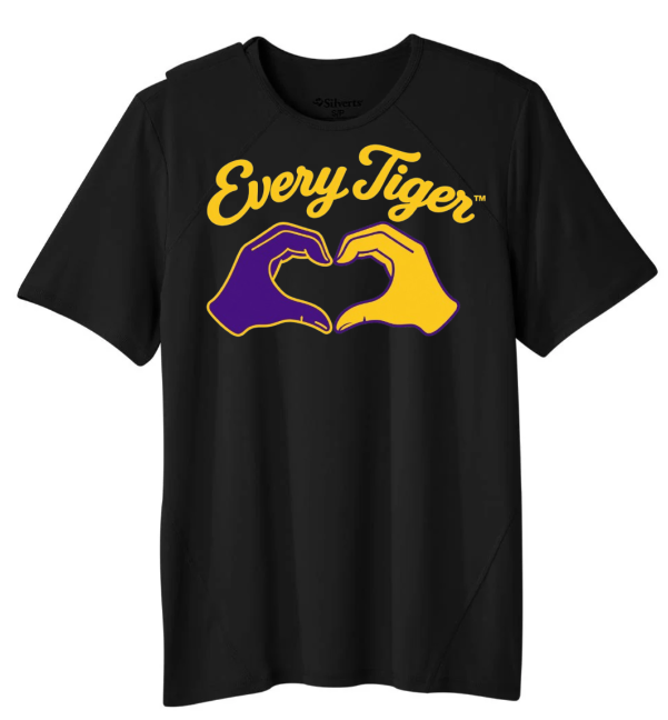 Black T-shirt with “EveryTiger” text and purple and gold hands forming a heart shape