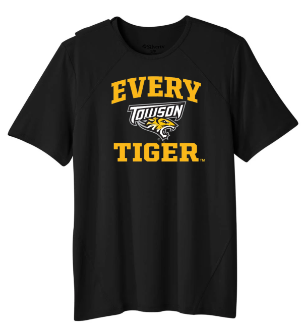Black T-shirt with bold yellow “EVERY TOWSON TIGER” text and a tiger logo.
