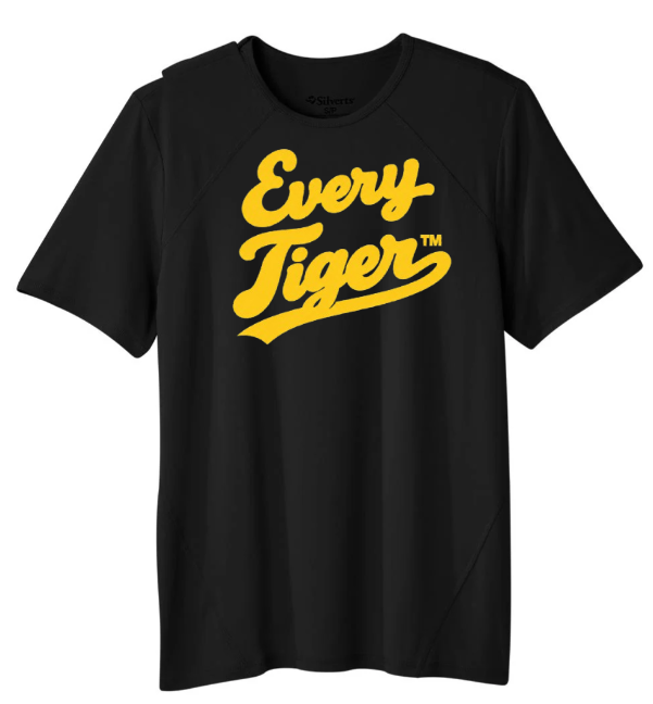 Black T-shirt with yellow “Every Tiger” text logo centered on the chest