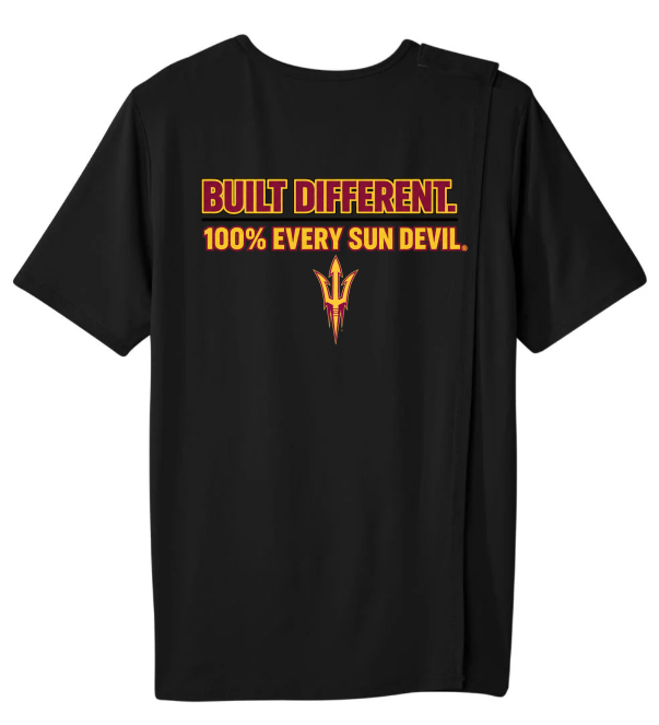 Black T-shirt with orange text reading “BUILT DIFFERENT. 100% EVERY SUN DEVIL.” and a pitchfork logo