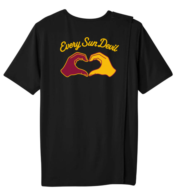 Black T-shirt with “Every Sun Day” text and two hands forming a heart in red, yellow, and maroon