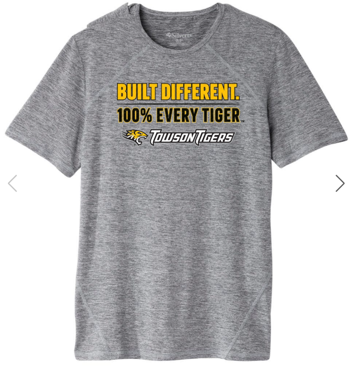 Gray T-shirt with “Built Different. 100% Every Tiger” text and Tiger Woods logo