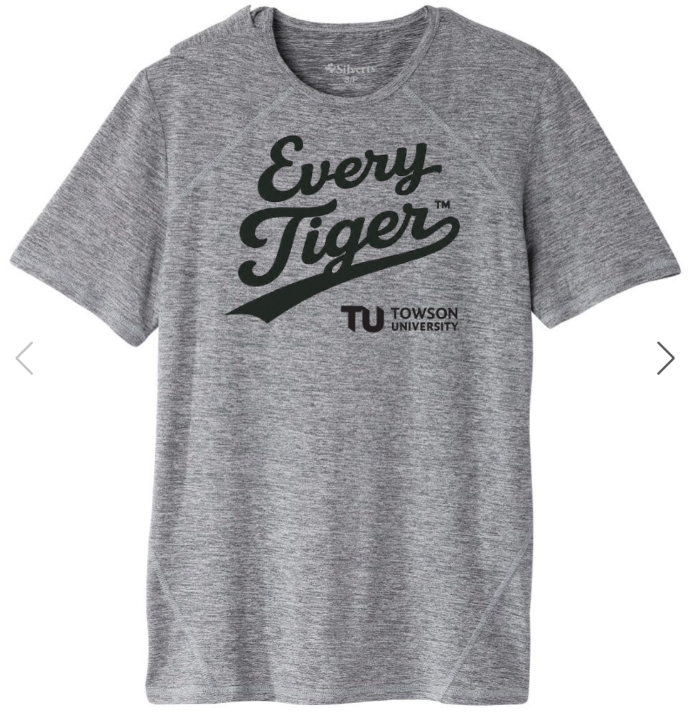 Gray T-shirt with “Every Tiger” and Towson University logo on the chest