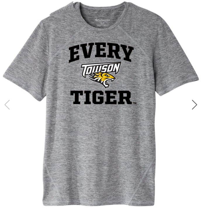 Gray T-shirt with “Every Towson Tiger” printed in black and gold on the front
