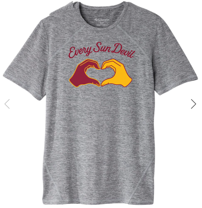 Gray T-shirt with red and yellow hand-heart graphic and “Every Sun Day” text
