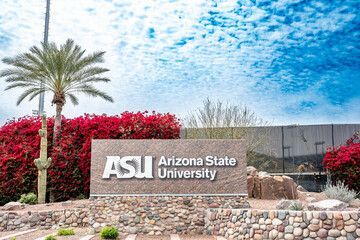 Arizona State University sign with palm trees, red shrubs, and blue sky backdrop