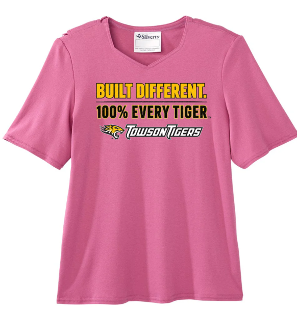 Pink T-shirt with “Built Different. 100% Every Tiger.” Towson Tigers logo and text.