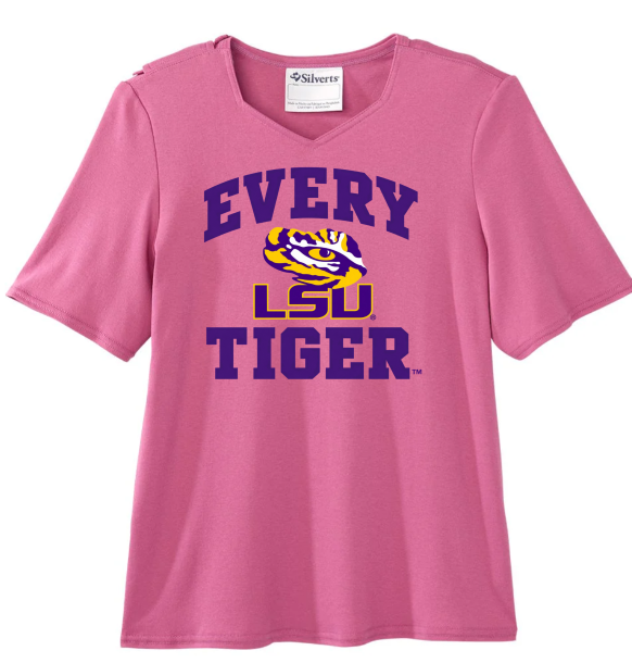 Pink LSU Tigers T-shirt with “Every Tiger” text and tiger logo
