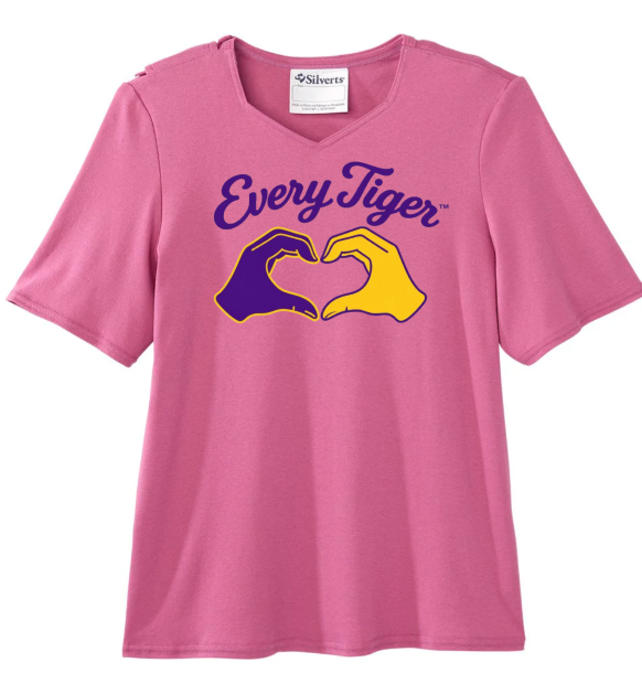 Pink T-shirt with “Every Tiger” text and two hands forming a heart in purple and yellow