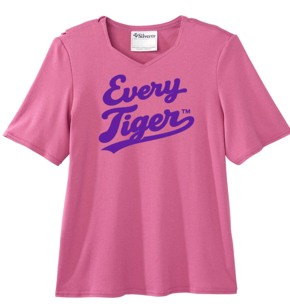 Pink T-shirt with purple “Every Tiger” script logo