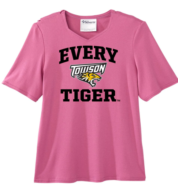 Pink T-shirt with black “EVERY TOWSON TIGER” text and a Towson Tigers logo